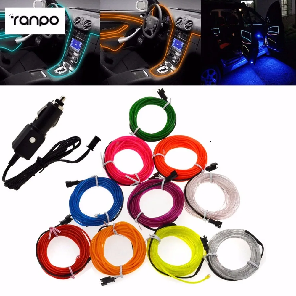 3M 10 Colorful EL Wire Fliexable Neon LED Light Glow String Strip Rope + 12V White Car Cigarette Controller TV Light Dance Party