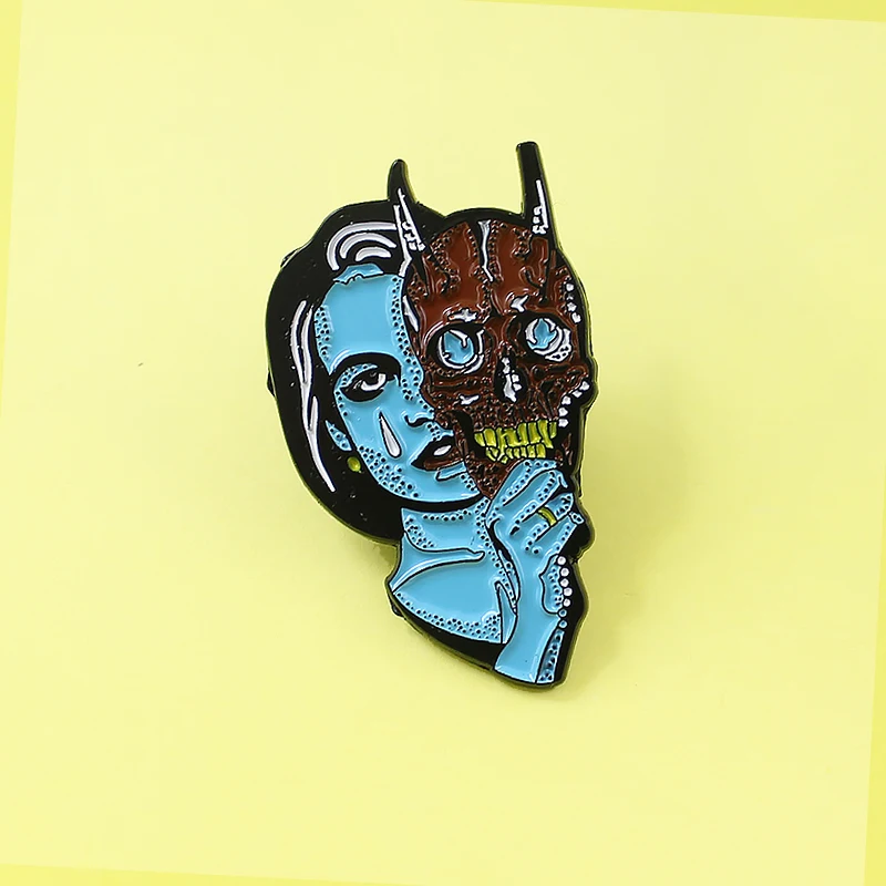 Horror Blue Alien Devil Mask Brooch pins for Women Enamel pins Sad witch Ghost Gothic Denim Jean shirt bag Cartoon Jewelry Gift