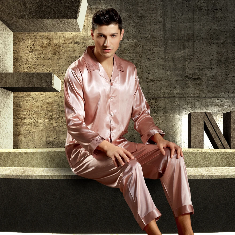 Brand Satin Silk Men Pajamas Luxurious Embroidery Sleepwear Long-Sleeved Pyjama Sets High Quality Casual Home Wear 3315