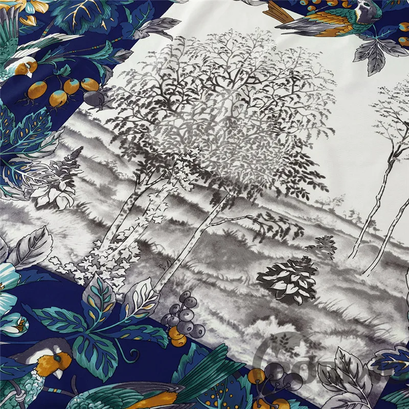 POBING Silk Scarf Women Large Shawls Floral Print Scarves Wraps Square Bandana Hillside NecKerchief Female Foulards 130CM