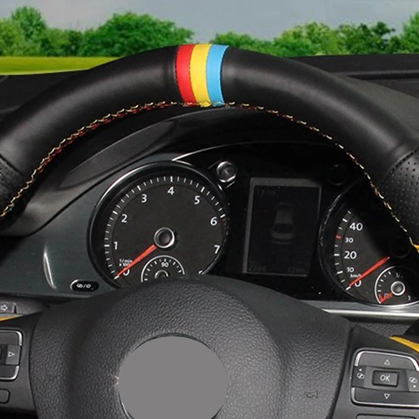 Shining wheat Black Yellow Leathe Red Suede Car Steering Wheel Cover for Volkswagen VW Gol Tiguan Passat B7 Passat CC Touran Jet