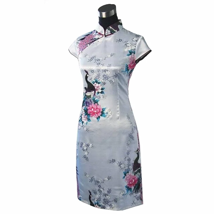 Stylish Light Blue Female Silk Rayou Cheongsam Hot Sale Ladies Summer Mini Qipao Dress Size S M L XL XXL Mujeres Vestido D0026