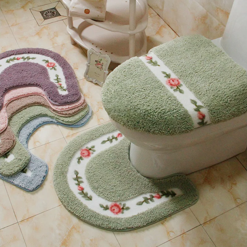 Pastoral Style Toilet Rug with Flower Pattern, Bathroom Mat Set,U Shape Carpets,Floor Decor Bath Mat Set, Fiber Toilet Lid Cover