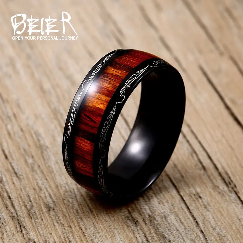 316L Stainless Red Woodiness For Man Titanium Steel High Polished Man\'s Fashion Ring BR-R087