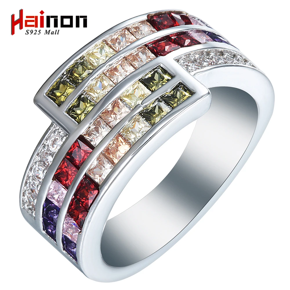 Silver Color Rings US 7 8 9 New Vintage Colorful Purple Green Red Pink Champagne CZ Jewelry Wedding Gift Luxury Promise Rings