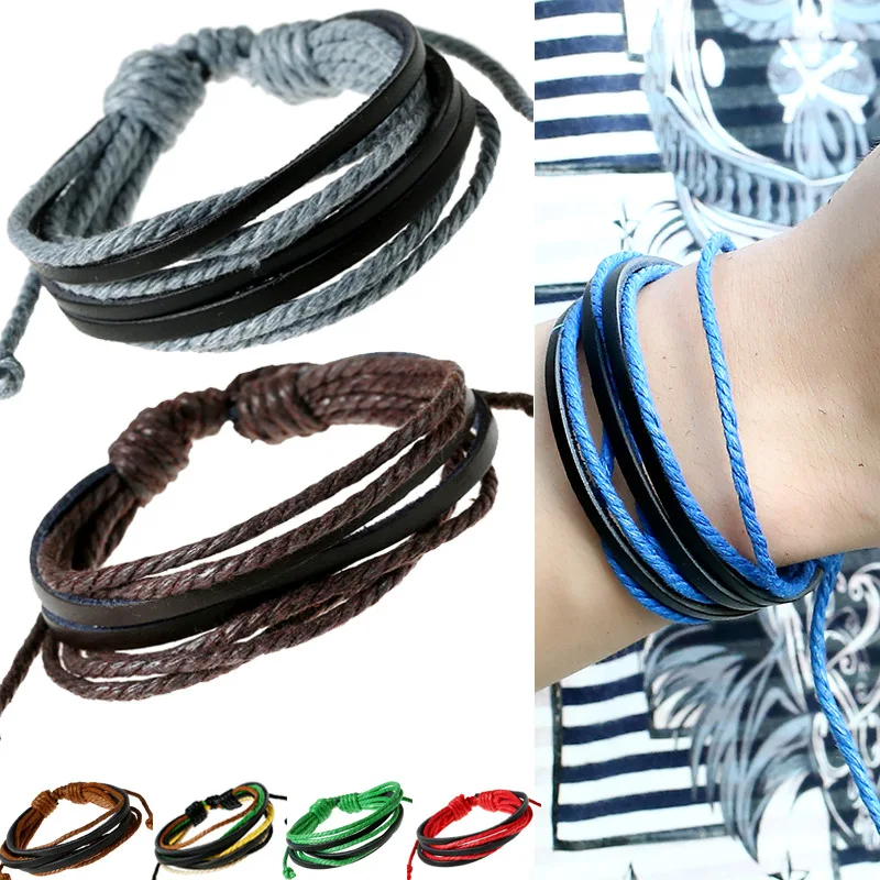 Male Leather Bracelets for Women Men Multi Layers Wax Cord+Cow Leather Casual Bracelets & Bangles Girl Boy Jewelry 14 Colors