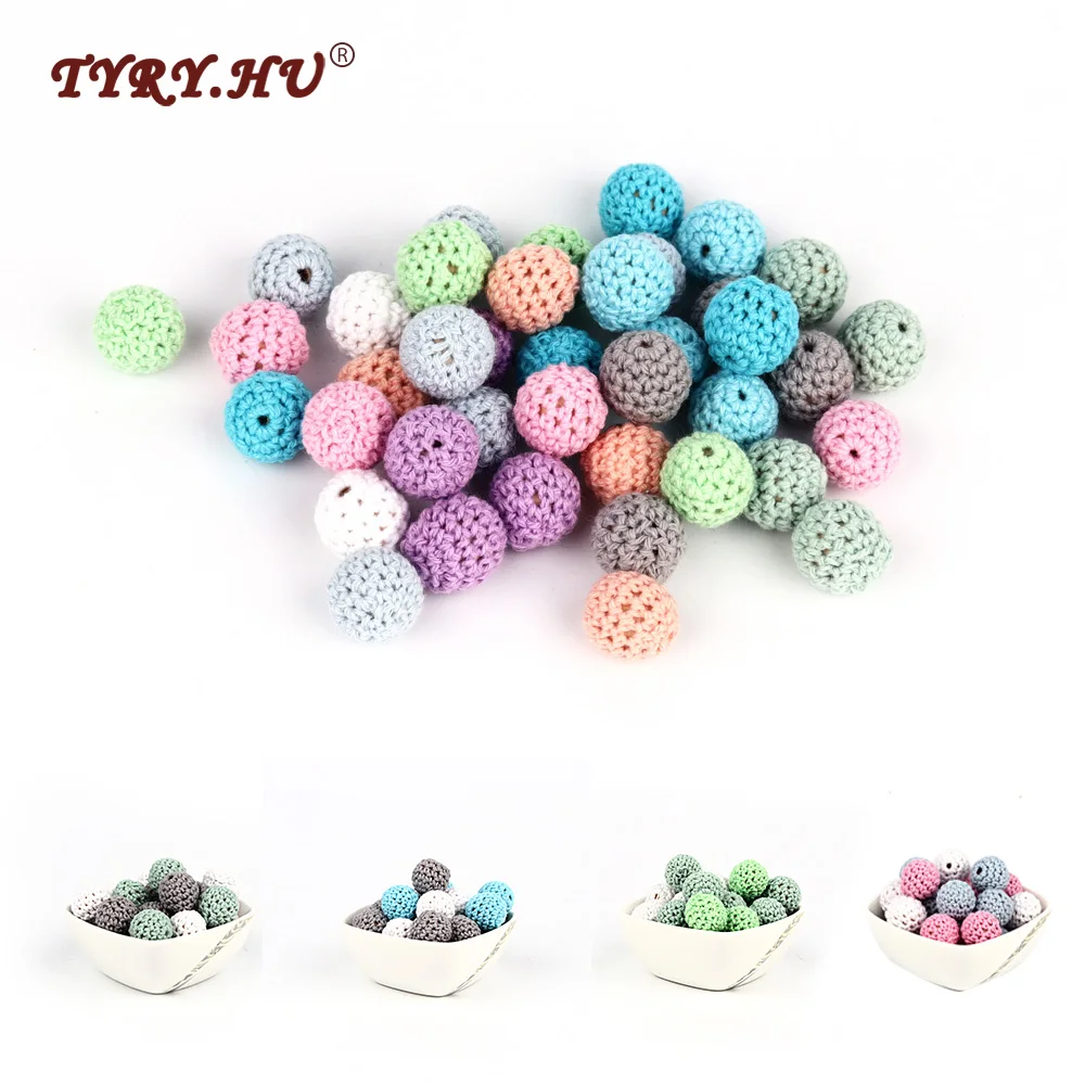 TYRY.HU 10pc/lot Crochet Round Wooden Beads Mix Handmade 16mm ball Can Chew DIY Nursing Jewelry Organic Teething Bracelet beads