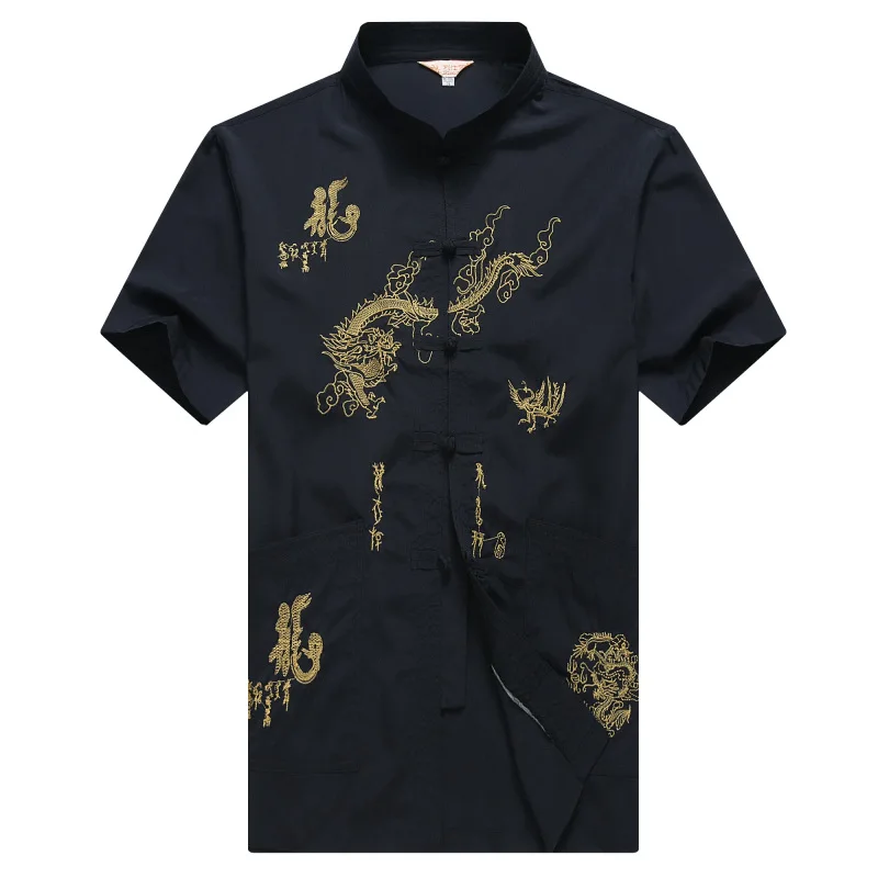 Mandarin Collar Men Traditional Tang Top Dragon Wing Chun Clothing Short Sleeve Kung Fu Shirt Chinese Style Clothes M-XXXL