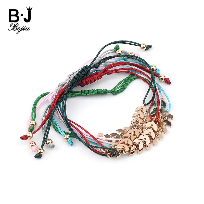 BOJIU Adjustable Handmade Rope Bracelets For Women Handmade Thread Gold-color Copper Slice Charm Bracelet Femme BC254