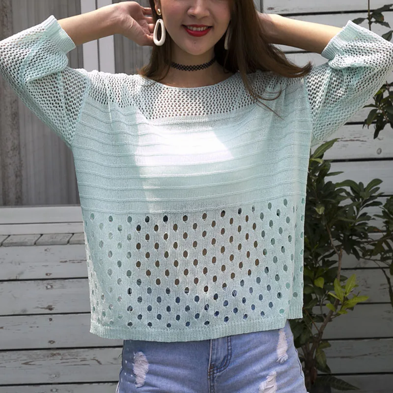 Ladies Summer Hollow Out Pull Knitted Causal Tops Ladies Knitwear Fashion Jumper Solid Women Pullovers Korea Knitwear Female