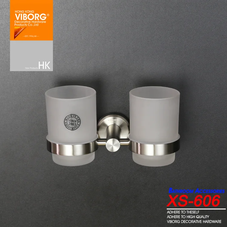 

VIBORG Deluxe 304 Stainless Steel Wall Mounted Double Toothbrush Cup Holder with 2 Tempered Glass Toothbrush Cups, brushed