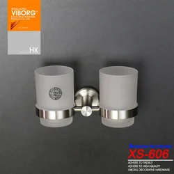 VIBORG Deluxe 304 Stainless Steel Wall Mounted Double Toothbrush Cup Holder with 2 Tempered Glass Toothbrush Cups, brushed