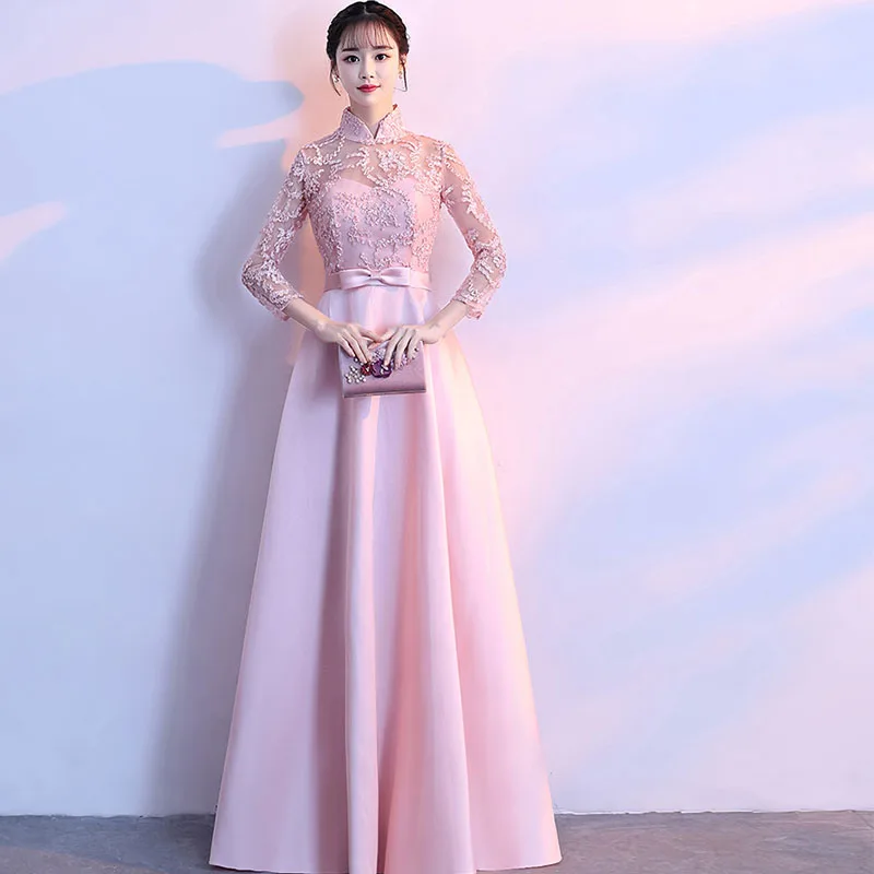 

Chinese Style High Neck Robe De Soiree Cheap Long Pink Evening Dresses With 3/4 Sleeves Party Dresses Vestido De Noite Longo