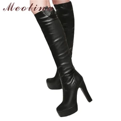 Meotina Boots Women Winter Knee High Boots Platform High Heel Long Boots Big Size 44 45 Round Toe Sexy Shoes bottes femme Black