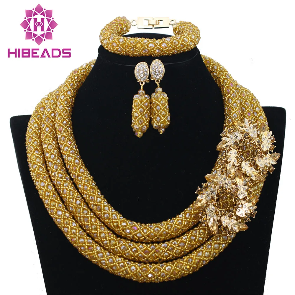 

2017 Hot Nigerian Beads Necklace Handmade Braid Beads African Jewelry Set Gold Bridal Lace Jewelry Sets Free Shipping ABF360