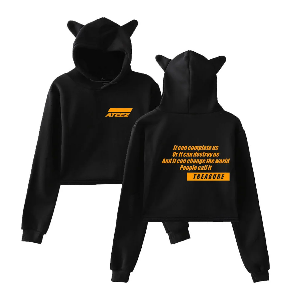 Korean Fashion KPOP ATEEZ Kawaii Crop Top Hoodie Funny Cat Ear Cropped Short Sweatshirt Hooded Pullover Women Tops Streetwear