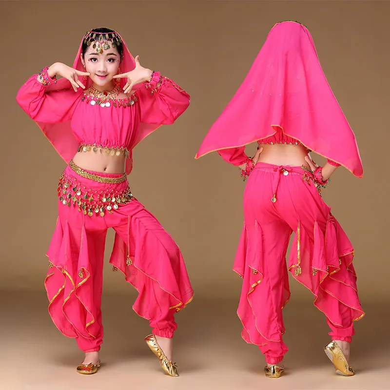 Indian Children Indian Dance 4 piece Costume Set (Top, Belt, Skirt and Head Pieces) Kids Bollywood Dance Costumes for Girls