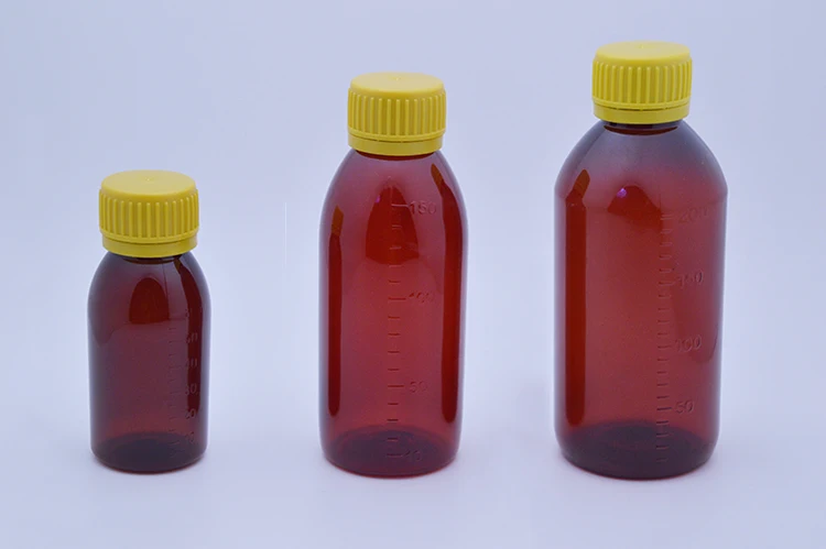 100pcs 60ml/150ml/200ml Amber Leak-proof PET Bottles, Empty Container, Liquid Plastic Bottles--Yellow Screw Satey Caps