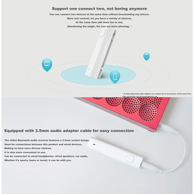 Xiaomi Bluetooth Audio Receiver Wireless Adapter Professional Amplifier Chip Bluetooth 4.2 Built-in Battery Dual-link Connection