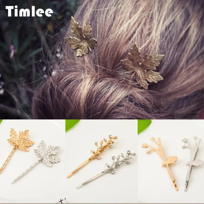 Timlee H140  Cute Fashion Maple Leaf Rhinestone Alloy Hair Clip Barrettes Girls Lovely Hair Accessories Wholesale