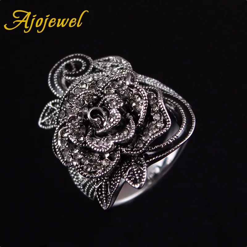 Ajojewel Black Crystal Rhinestone Rose Flower Jewelry Sets For Women Luxury Vintage Necklace Ring Earrings Set Creative Gift