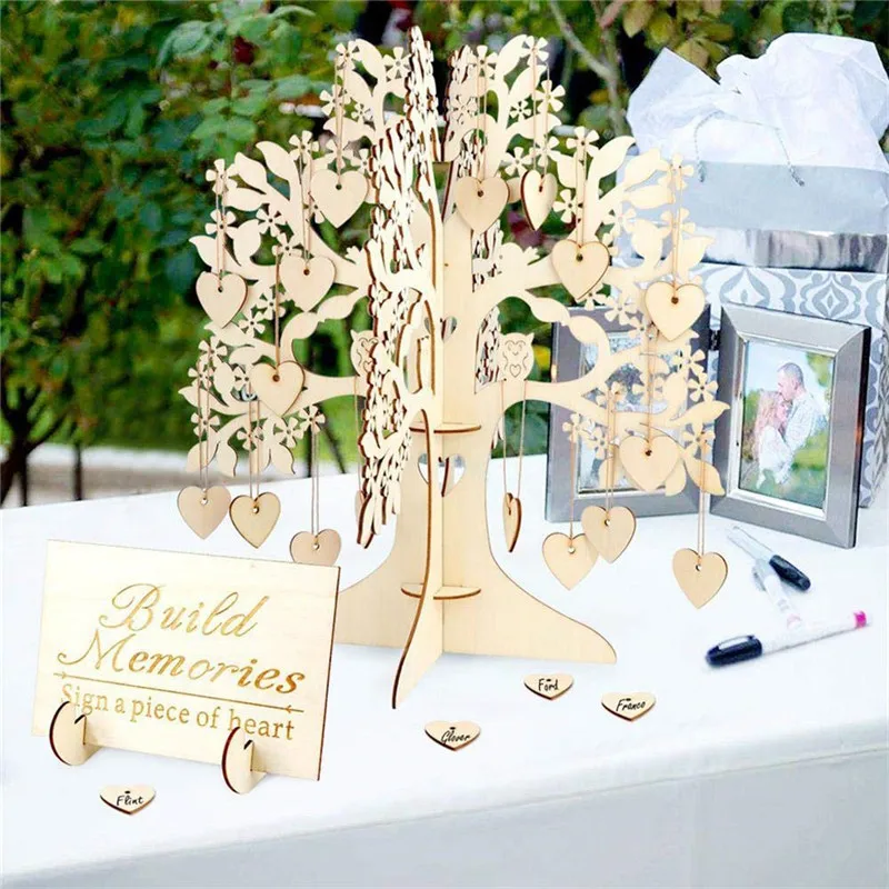 Wood Tree Wedding Guest Book 3D tree Guest Book Wishing Tree Wooden Hearts Pendant Drop Ornaments for Wedding Party Decoration