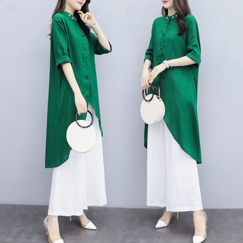 Simple Elegant Women 2 Piece Sets Top and Pants Sets Art Embroidery Plus size Loose Long Shirt Wide leg Trousers Suit 2024 New