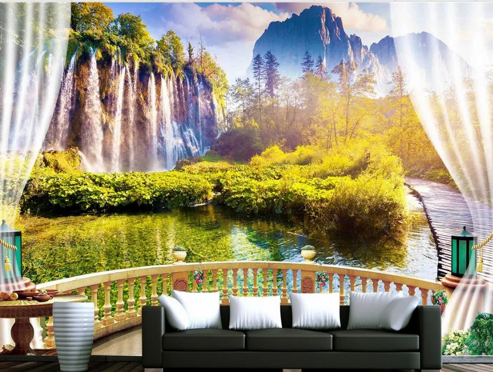 

Custom 3d photo wall paper Balcony Bridge lake forest landscape TV backdrop mural wallpaper Wall Decoration