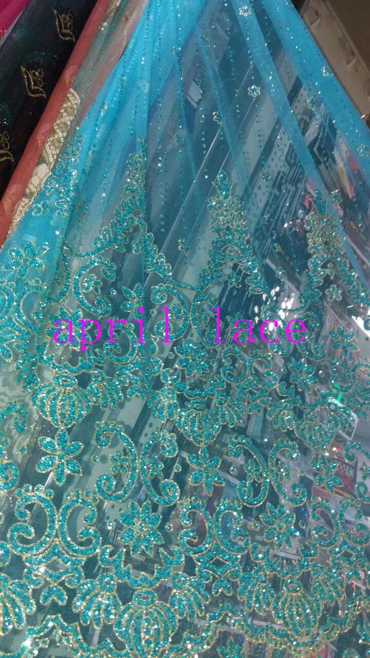 

5yards HL039 floral glued sparkle glitter mesh net tulle lace fabric for india african sawing /evening dress