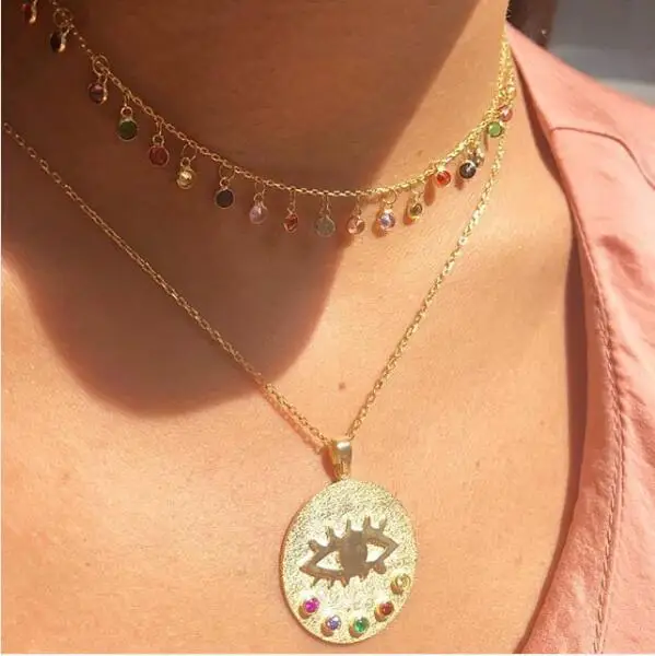 lucky symbol coin necklace gold color multi color cz fashion jewelry evil eye Boho style 2022 latest new arrived