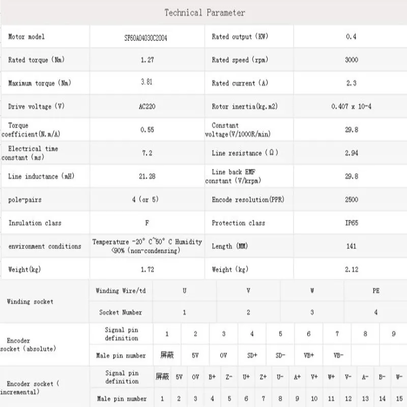 60*60MM 400W 220VAC 3000rpm 1.27Nm 2.3A 2500 incremental encoder,Without electricity loss brake and No oil seal 4 Pairs of poles