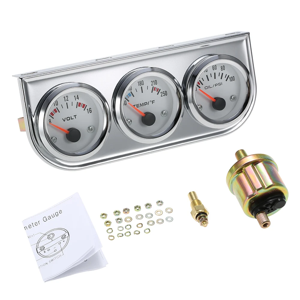 52MM Triple kit Oil Pressure Fahrenheit Water Temperature Gauge Voltmeter Chrome 3 in 1 Gauge Kit Car Motorcycle Meter
