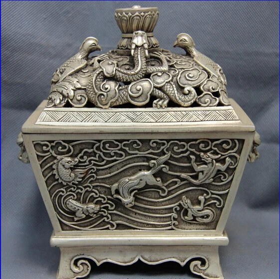 song voge gem S0096 Tibet Monastery White Copper Silver Dragon Bird Beast Jar Censer incense burner