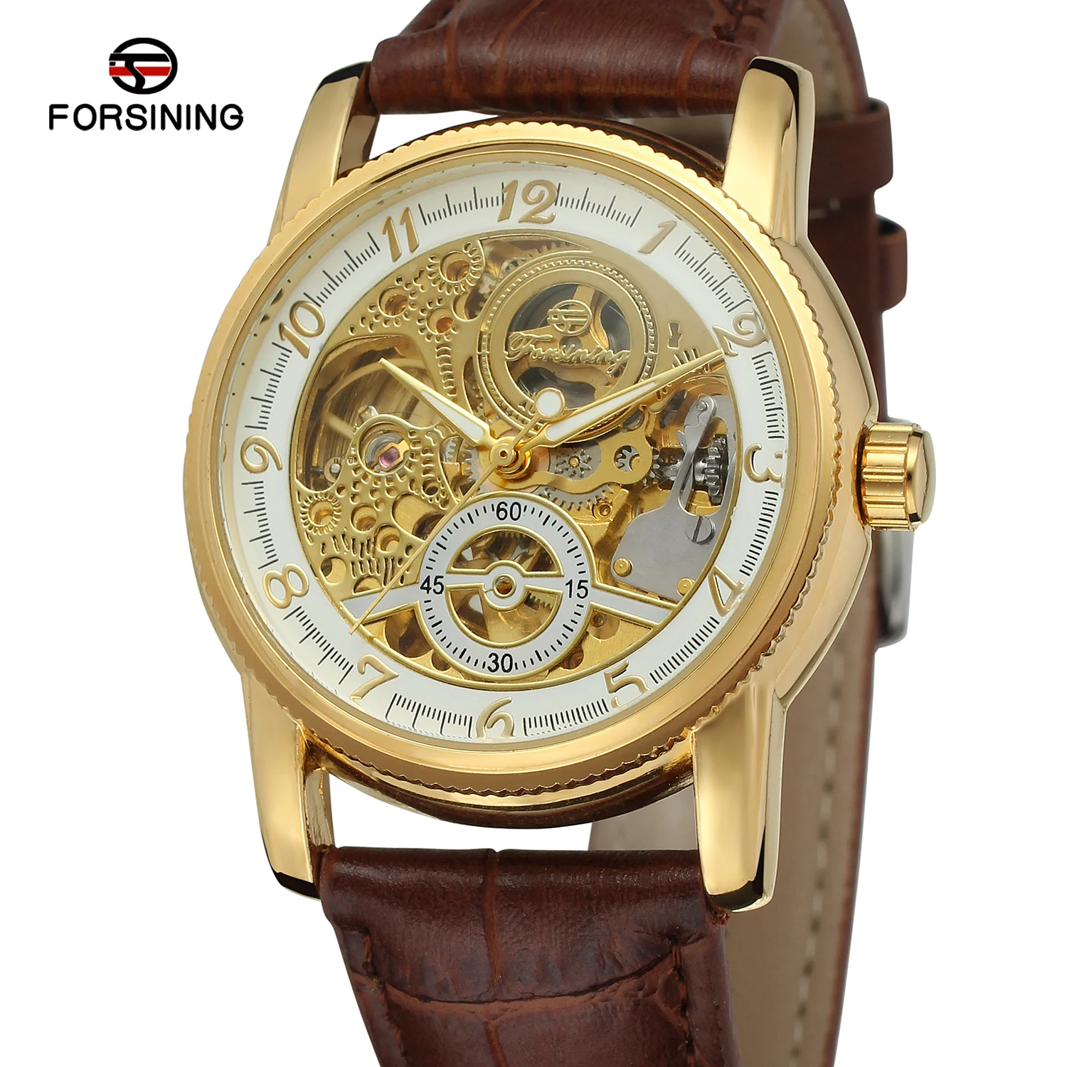 Fashion Forsining Hollow Engraving Skeleton Casual Designer Black Golden Case Gear Bezel  Men Luxury Brand Automatic Wrist Watch