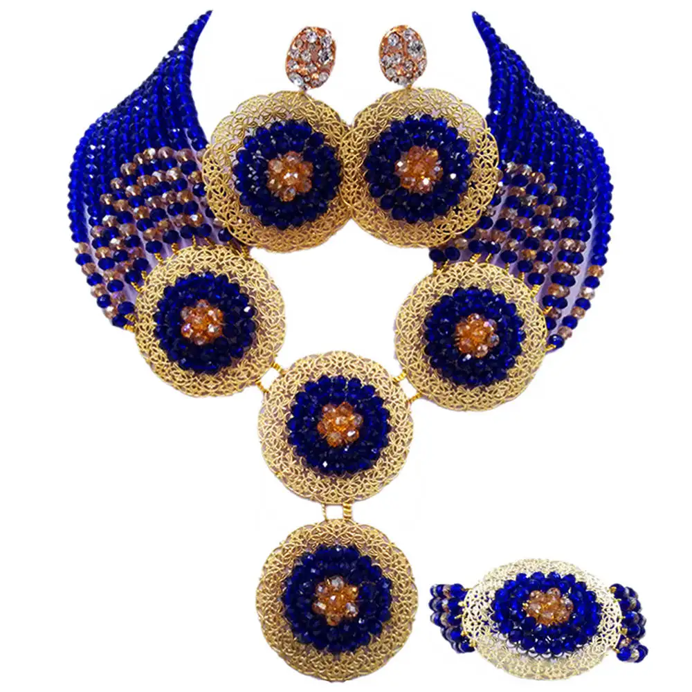 

Royal Blue and Champagne Gold AB Nigerian Jewelry Set African Wedding Beads Crystal Necklace Bracelet Earrings 10PH09