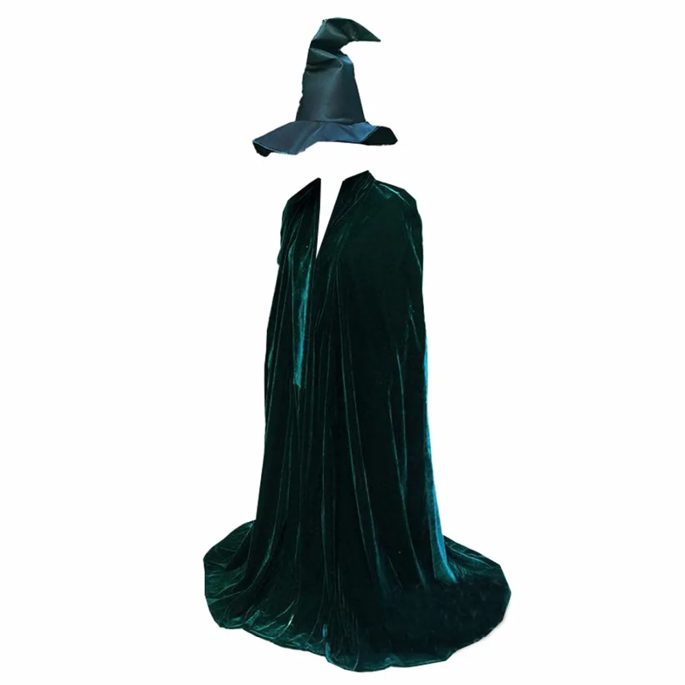 2018 Minerva McGonagall Dress Cosplay Costume Dark Green Cloak Trench Coat Outfits New With Hat