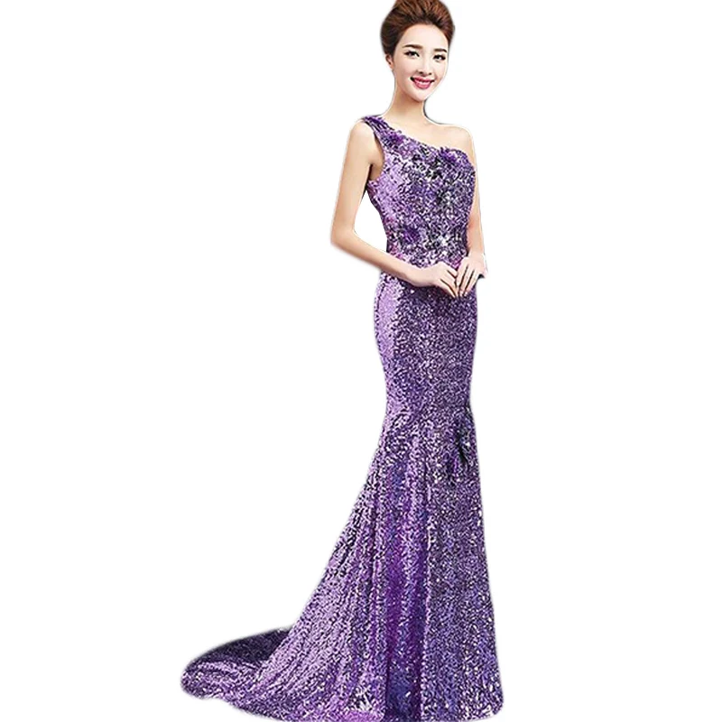 Dress Sequin Bridesmaid Dresses Mermaid Purple Sparkly Dress Wedding Party Long To The Floor One Shoulder Charming CK58