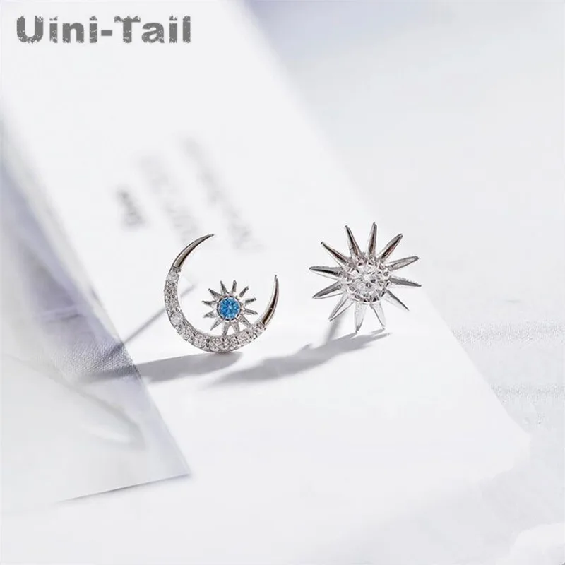 Uini-Tail hot new 925 Tibetan silver creative stars moon micro-set earrings temperament Korean fashion asymmetric earrings ED154