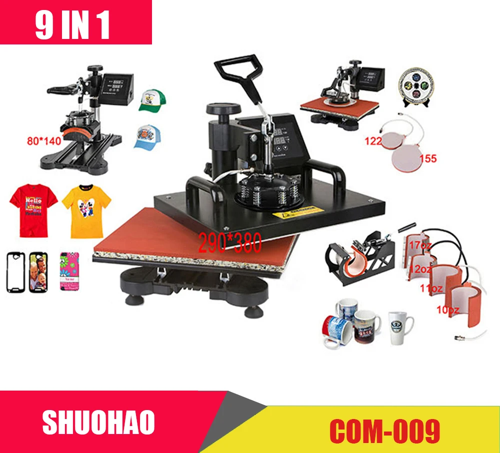 New Design 9 In 1 Combo Heat Press Machine,110V-240V Heat Transfer/Sublimation Machine,sublimation printer for Mug/Cap/TShirt Et