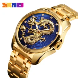 Skmei top marca de luxo homens assistir dragão dourado relógios de quartzo homens data de exibição à prova d' água pulseira de aço inoxidável relógio de pulso masculino