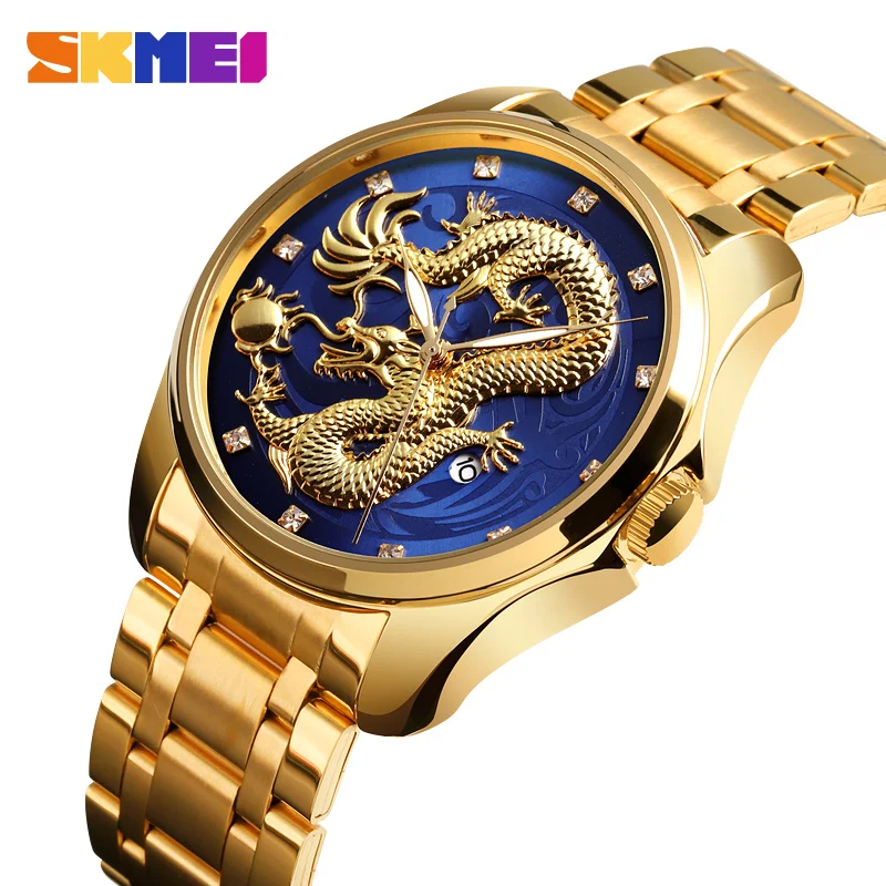 SKMEI Top Brand Luxury Men Watch Golden Dragon Quartz Watches Men Waterproof Date Display Stainless Steel Strap Wristwatch Male