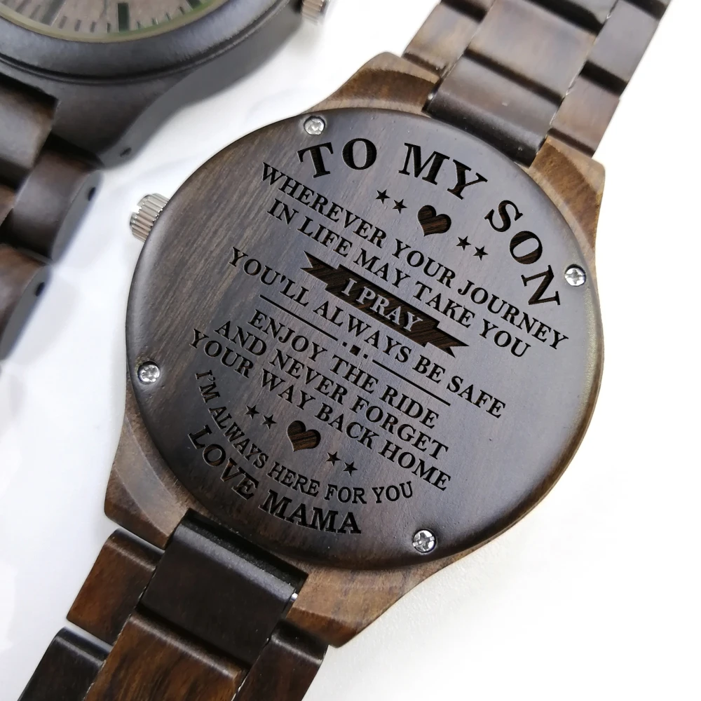 I'M ALWAYS HERE FOR YOU FROM MAMA TO SON ENGRAVED WOODEN WATCH