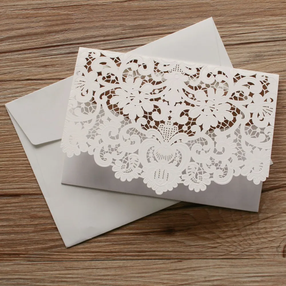 Vintage Pocket Wedding Invitations, White Laser Cut Wedding Invite, Kraft Paper Invitation Cards - set of 50