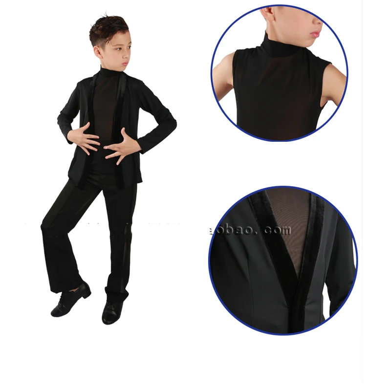 Cheap Boys Ballroom Latin Dance Tops Children\'S Standard Rumba Cha Cha Latino Dancing Clothes Vest Jacket 2 Pieces Set DWY1131