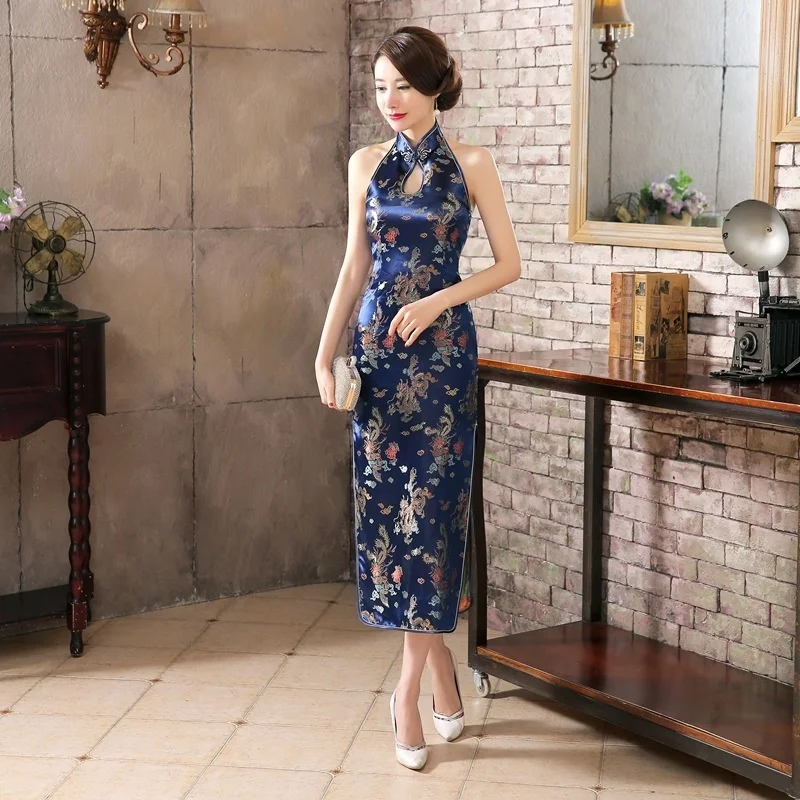 Chinese National Long Cheongsam Dress Satin Retro Costume Socialite Dragon Phoenix Women Halter Dresses Qipao