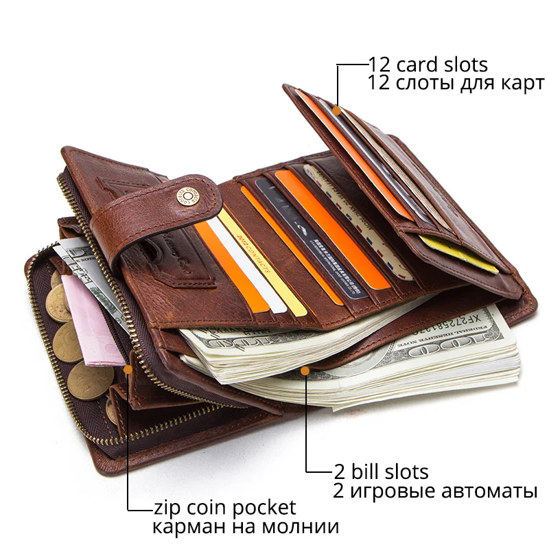 CONTACT\'S Genuine Leather RFID Vintage Wallet Men With Coin Pocket Short Wallets Small Zipper Wallet With Card Holders Man Purse