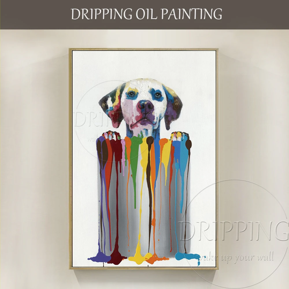 Funny Design Artist Hand-painted Dog Sit in Pigment Bucket Oil Painting Modern Art Funny Dog Oil Painting for Baby Room Decor