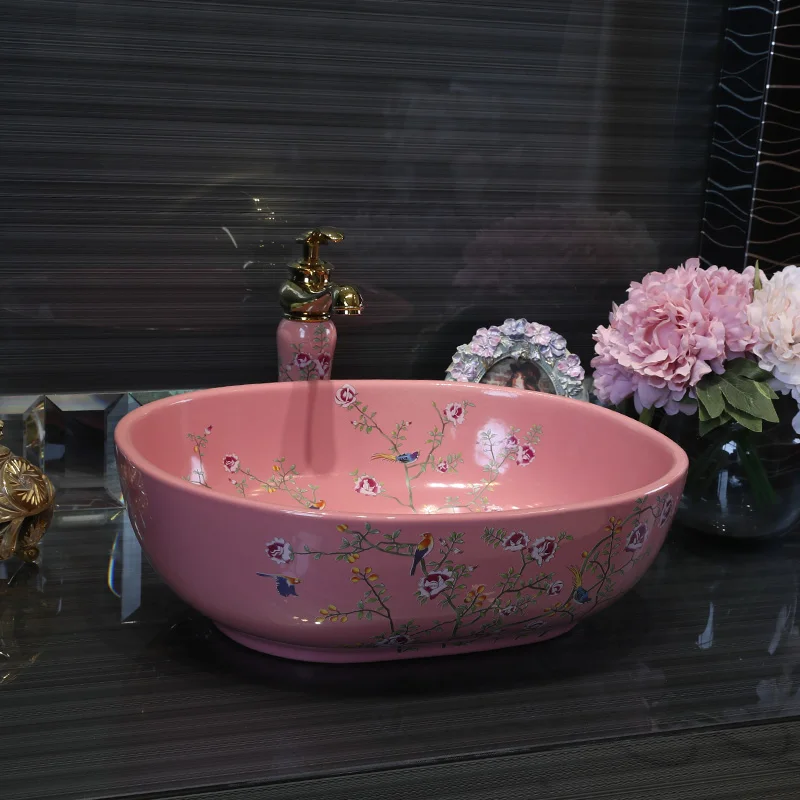 Artistic Painting Flowers bird Porcelain Art Countertop Washnasin Ceramic Bathroom Vessel Sinks Vanities chinese wash basin oval