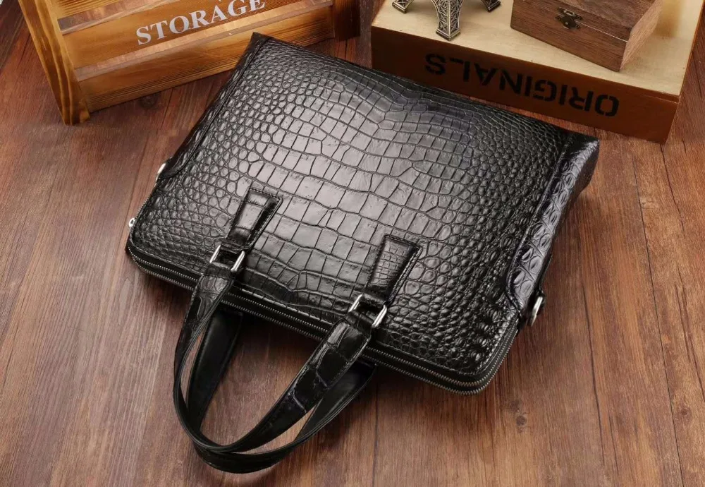 Bolsa de laptop masculina de couro de crocodilo, bolsa executiva de pele de crocodilo, pasta de pele de vidro de crocodilo com zíper duplo, 100% genuíno