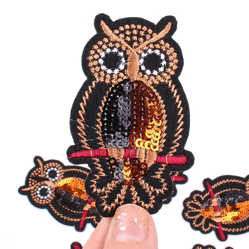 10pcs/lot Iron On Sequined Owl Patches Sew On Diy Jeans Stickers iron animal patch Clothing Bags Coats Appliques Garment Badge